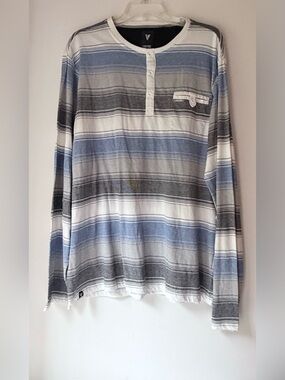 Univibe Striped Long Sleeve Henley in Blue, Gray, and White